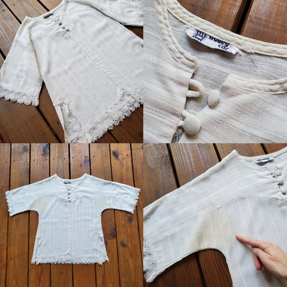 Vintage 70's S white crochet lace covered button 1/4 sleeve hippie blouse top - Picture 5 of 5